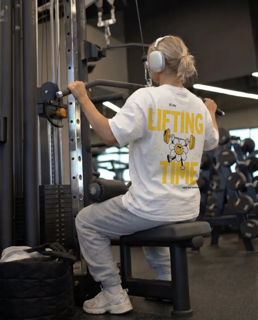 koszulka oversize na siłownię lifting time nadruk gym biała