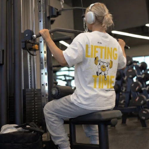koszulka oversize na siłownię lifting time nadruk gym biała
