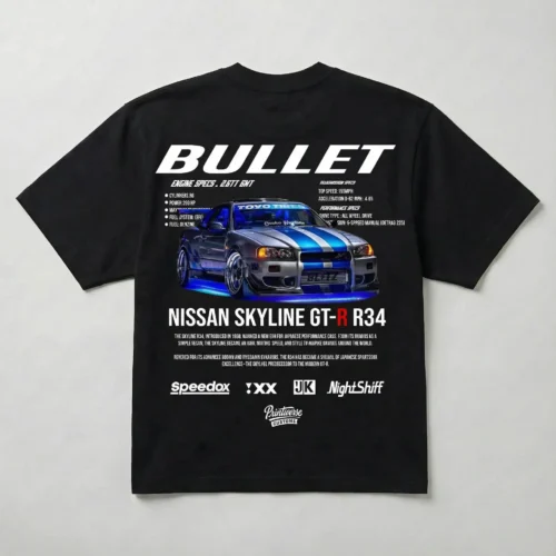 Czarna koszulka oversize z nadrukiem Nissan Skyline GT-R R34 Bullet, japoński samochód sportowy JDM, streetwear motoryzacyjny Printiverse