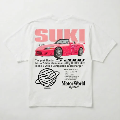 Tył białej koszulki oversize Honda S2000 SUKI z różowym nadrukiem JDM, streetwear motoryzacyjny Printiverse